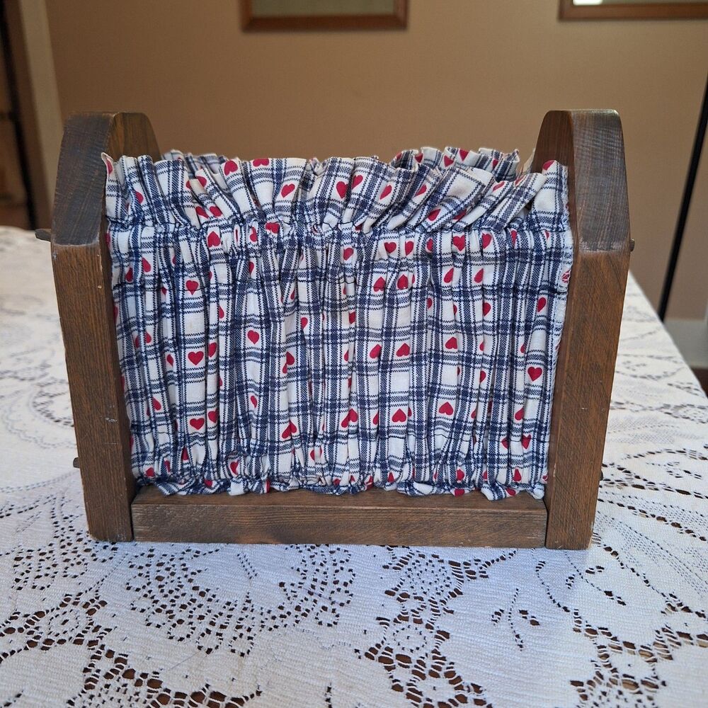 Vintage Wooden Napkin Holder Curtain Heart Cut OutCottage Rustic Camp Cabin Blue